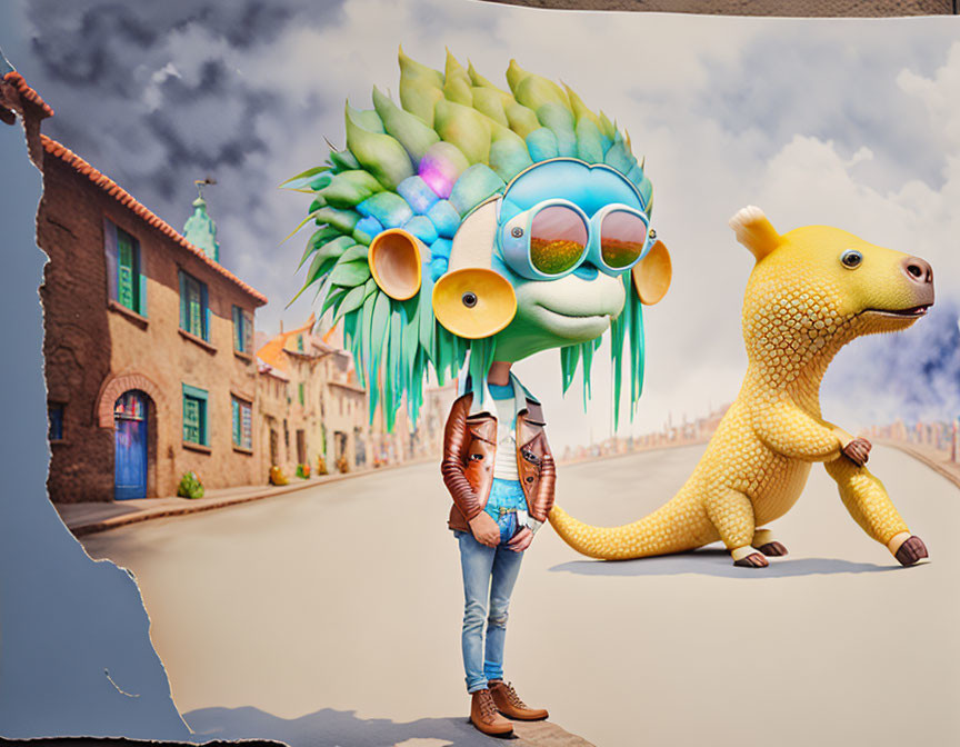 Colorful humanoid with fruit head and sunglasses walking with cartoonish dinosaur on city street.