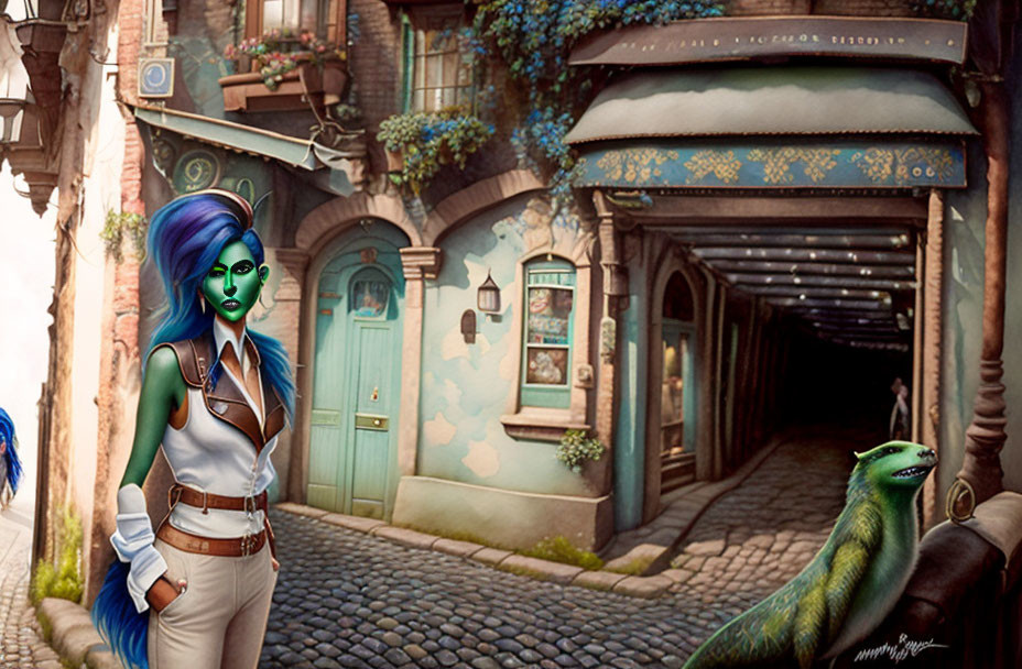 Fantasy street scene with blue-haired woman and lizard creature in modern attire