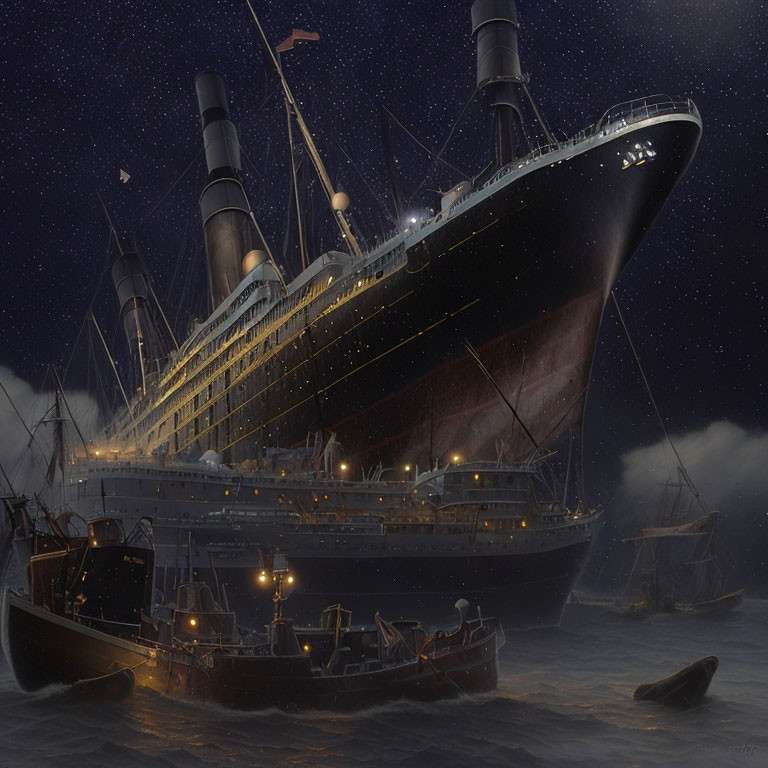 Artistic rendition of Titanic at sea with lifeboats under starry sky