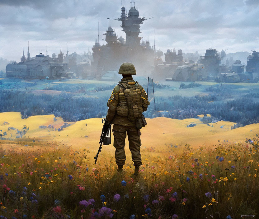 Soldier with rifle gazes at battlefield with tanks and explosions in flower-covered landscape under cloudy sky