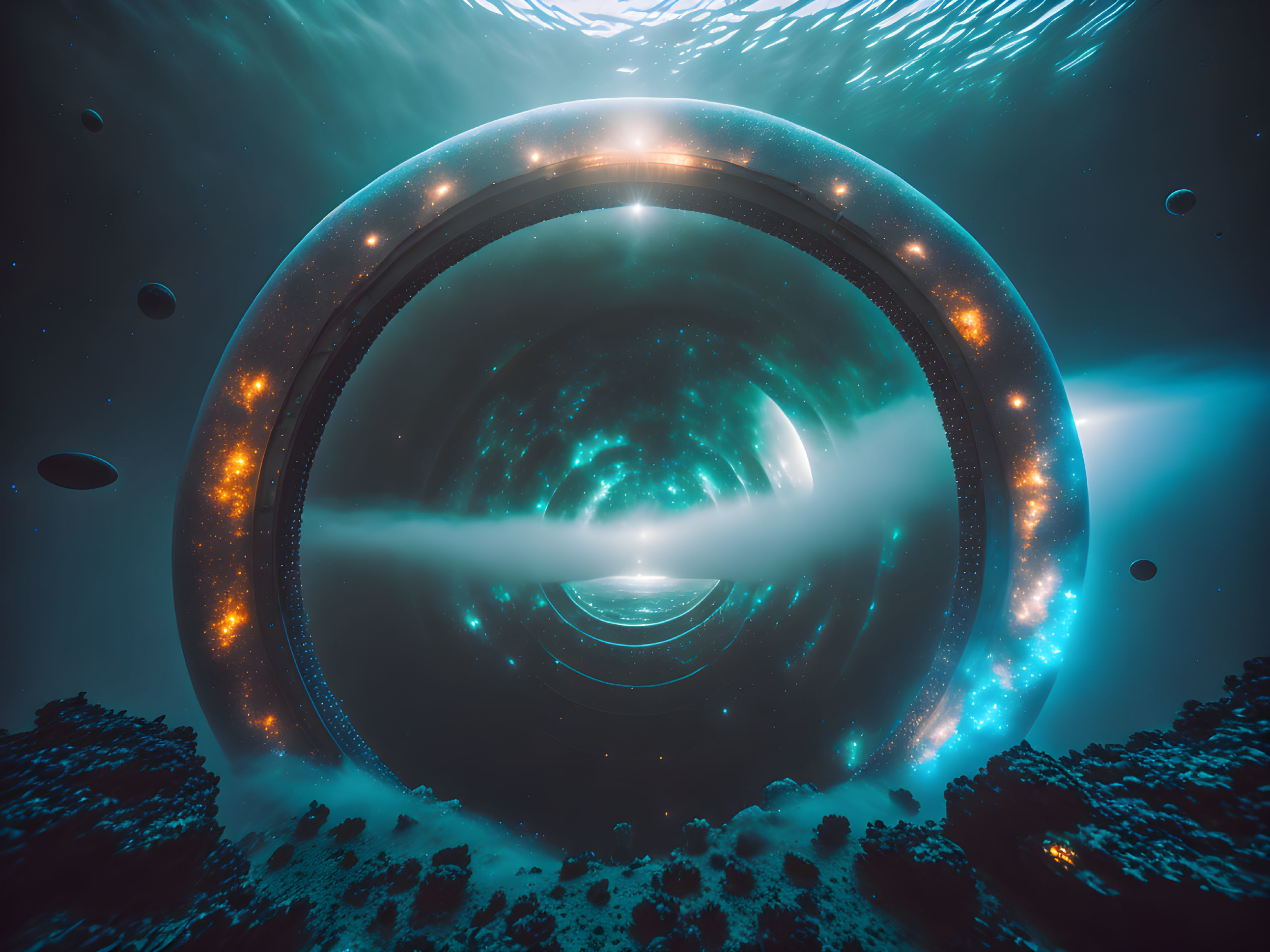 Illuminated ring structure emitting bright beam in underwater setting