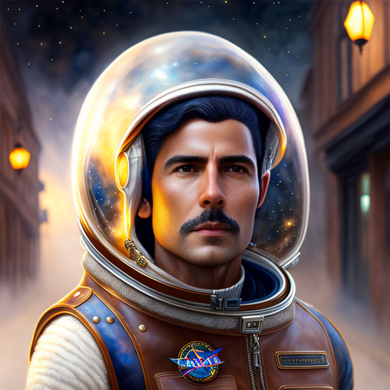 Man in space suit with reflective helmet in starry alleyway scene.