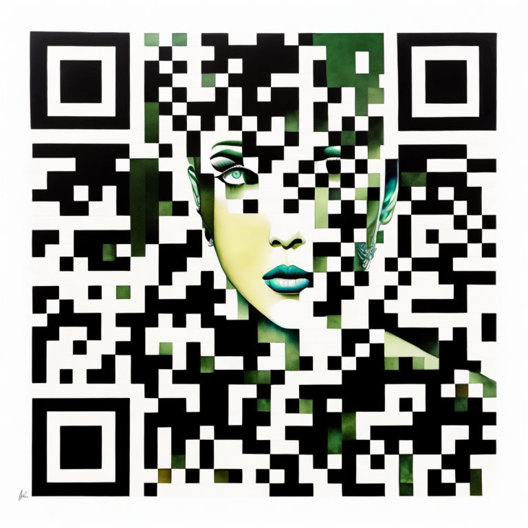 QR code with integrated woman's face pattern in green with striking eyes