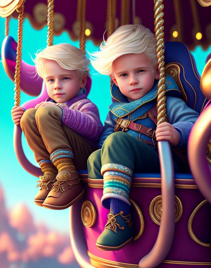 Stylized animated children on ornate carousel swing at twilight