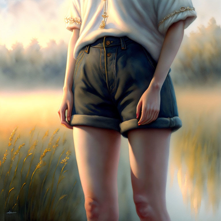 Person in denim shorts and blouse in field at sunset with soft natural lighting