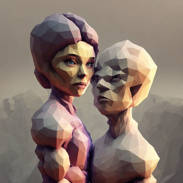 Low Poly Digital Art: Two Human Figures with Detailed Blue Eyes