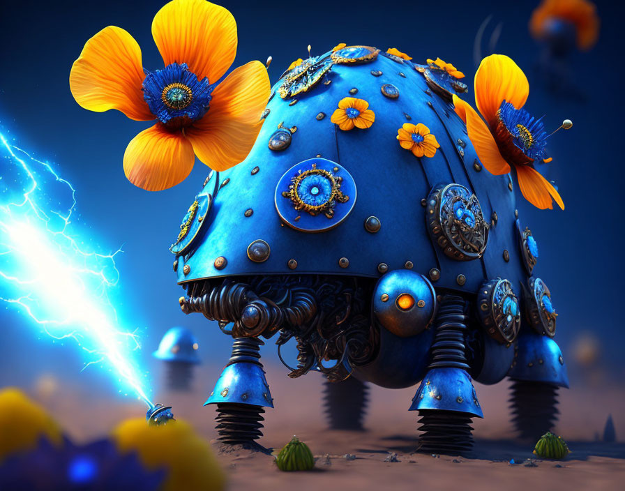 Blue mechanical turtle with golden details and orange flowers in fantasy landscape