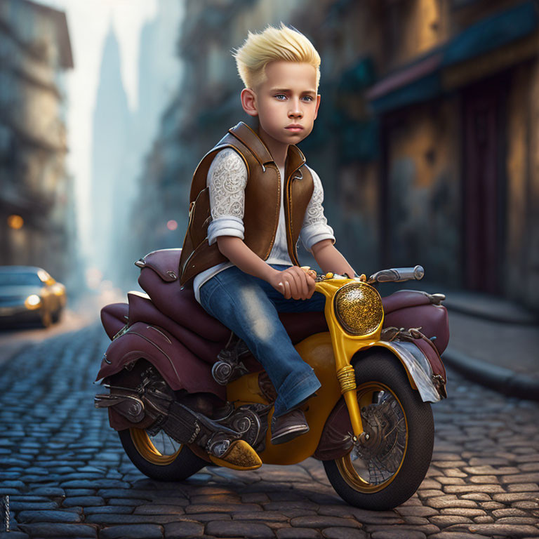 Child with Mohawk on Vespa Scooter in Urban Setting