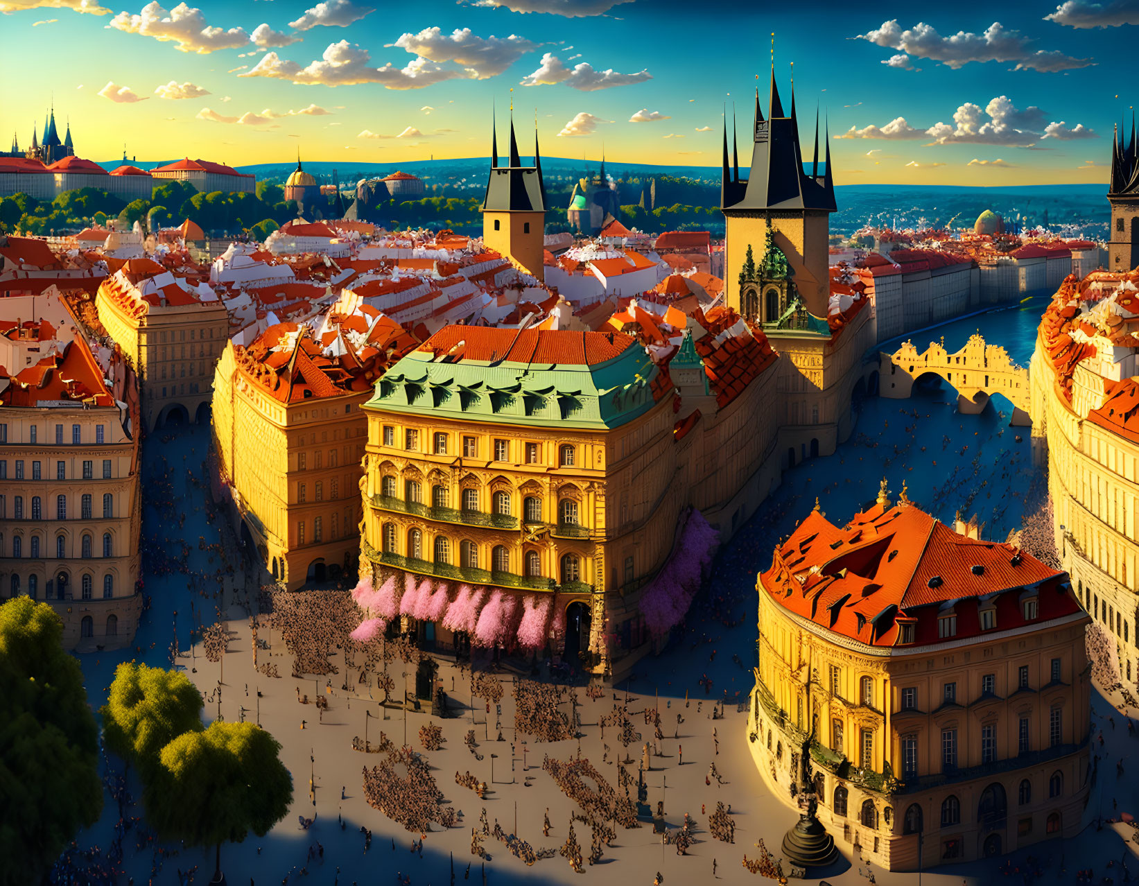 Historic Old Town buildings and spires in Prague at sunset