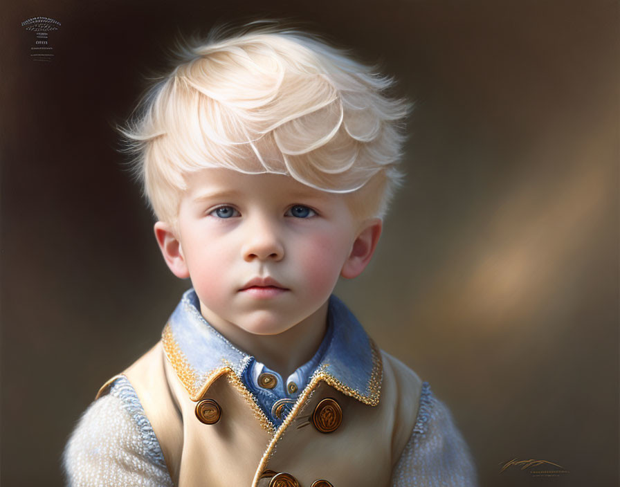 Young boy with blond hair and blue eyes in golden vest against blurred brown background