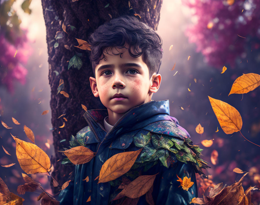 Young boy by tree in autumn setting with falling leaves and sunlight filtering through foliage