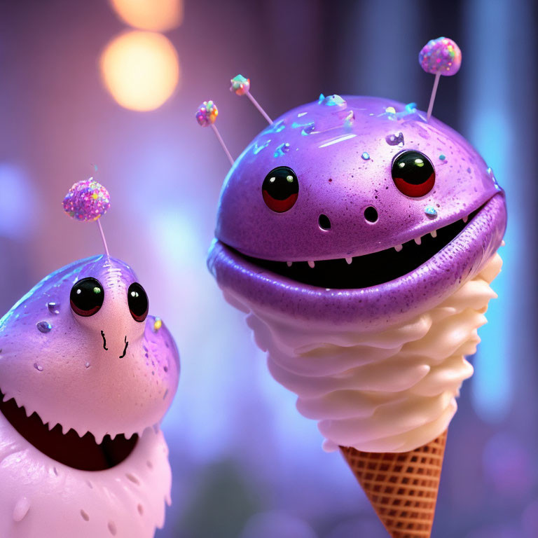 Colorful Happy Ice Cream Creatures on Vibrant Bokeh Background