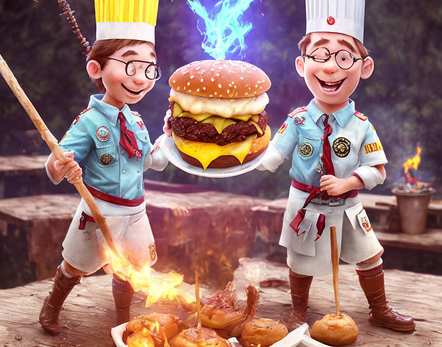 Two boy scouts cooking outdoors with a giant burger and roasting marshmallows.