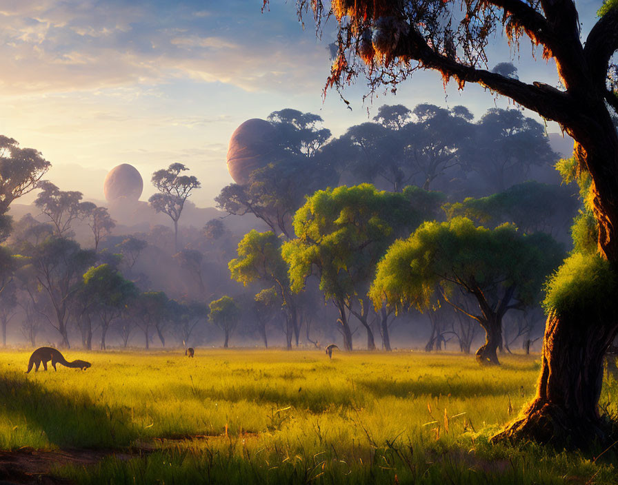 Australian landscape at sunrise with kangaroos and mystical rock formation