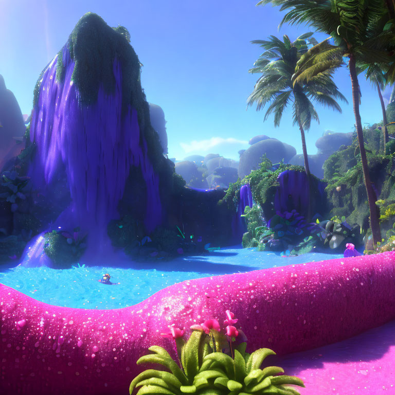 Fantasy landscape with pink path, blue pond, lush greenery, palms, purple waterfall