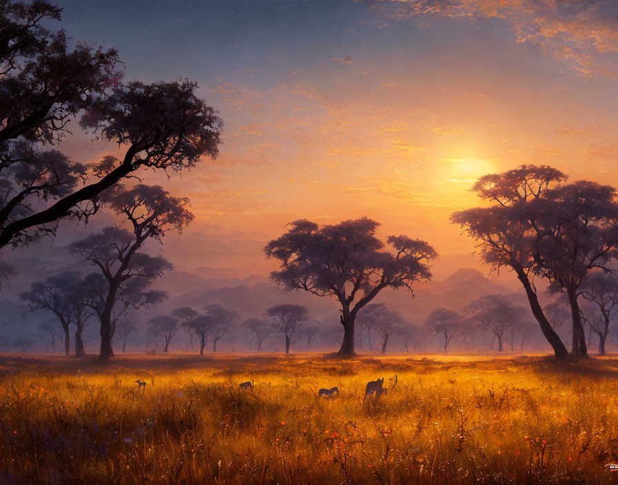 Golden Light Sunset Over Savanna Landscape