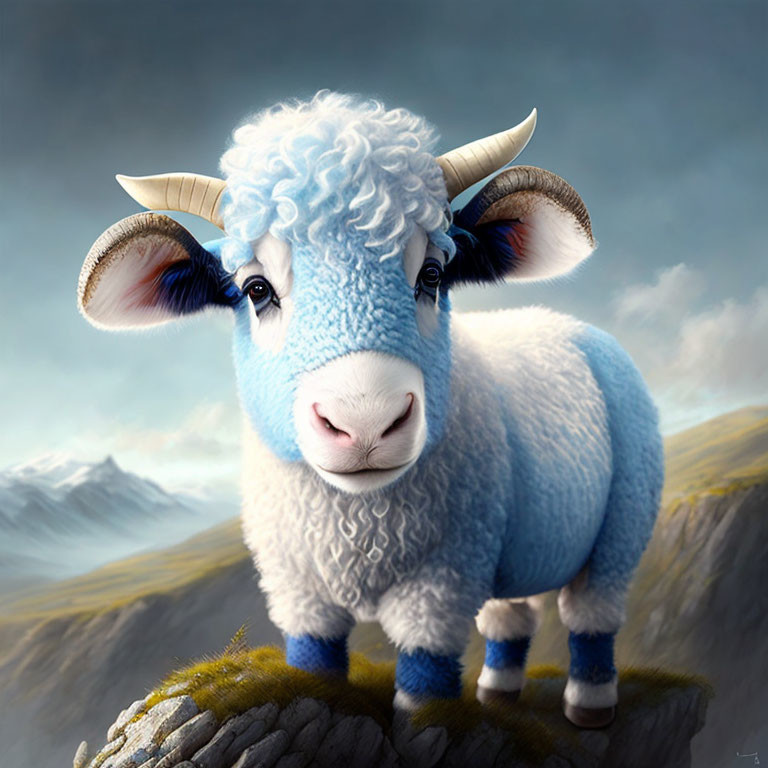 Illustration of blue sheep with curled horns on rocky peak