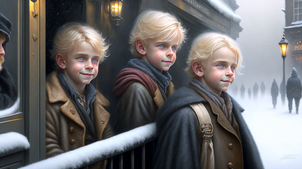 Blonde Children Smiling in Snow by Lit Window