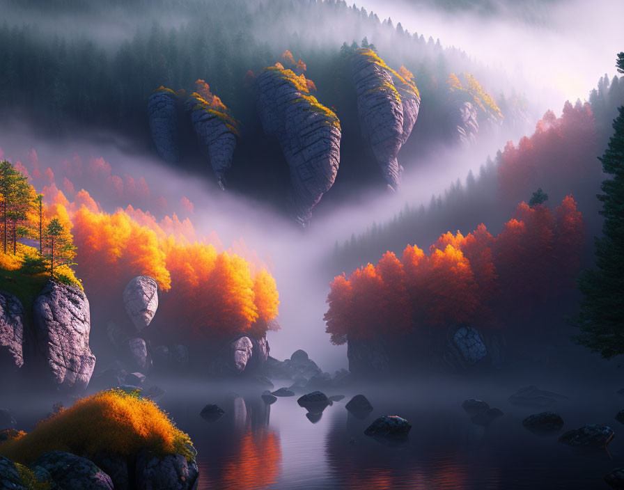 Tranquil lake with misty forest and towering rocks in autumn landscape