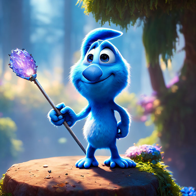 Blue animated character with crystal staff in magical forest.