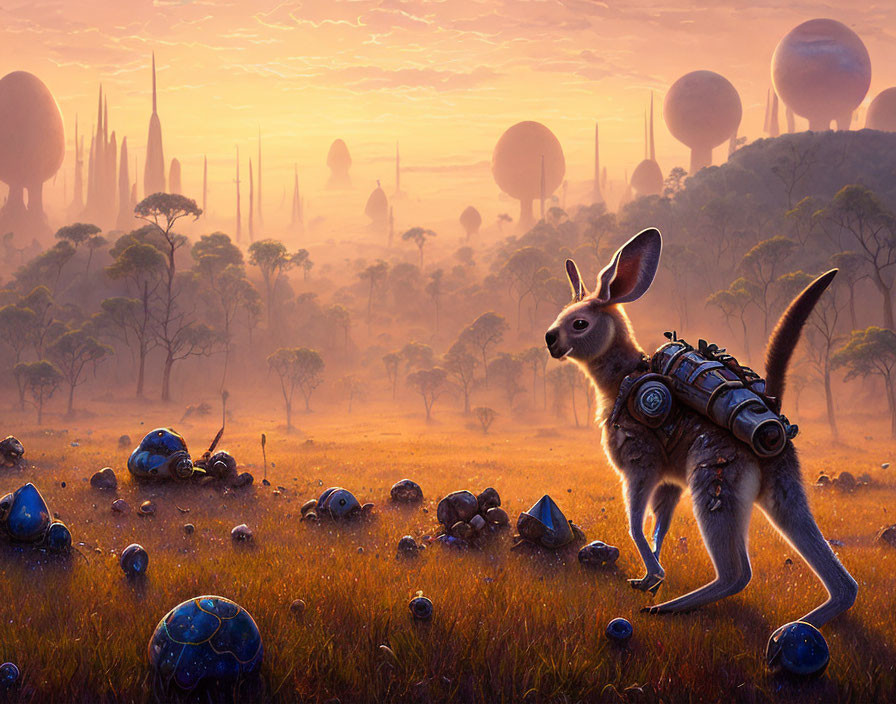 Kangaroo in backpack in fantastical landscape with mushroom-like trees and sunset sky