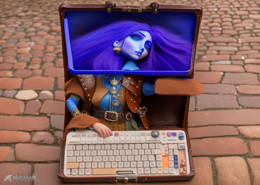 Vibrant Purple Hair Woman Emerges from Keyboard Suitcase