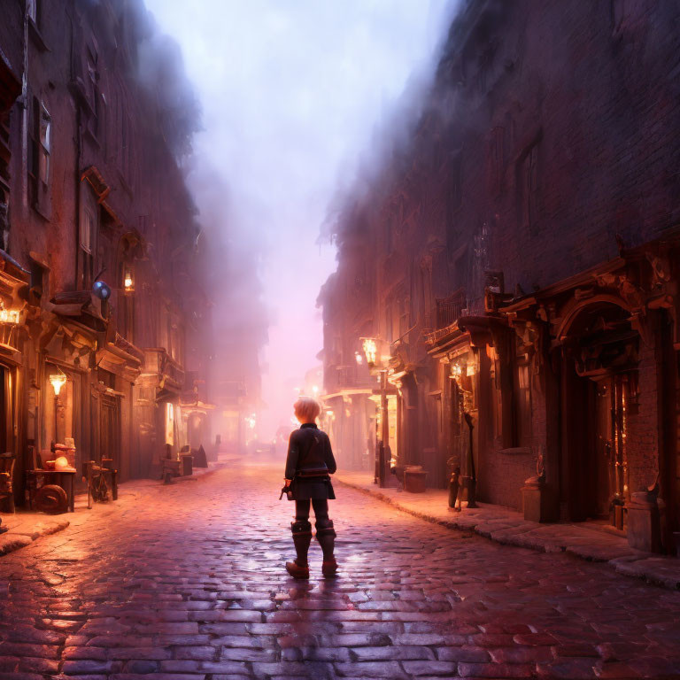 Child on foggy cobblestone street at twilight with glowing lanterns