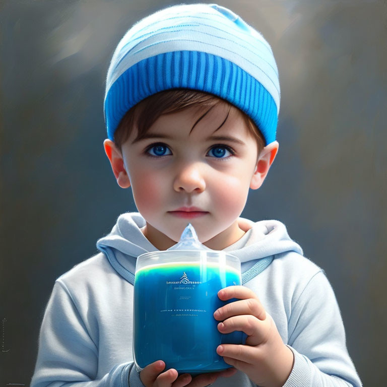 Child with Striking Blue Eyes Holding Blue Lit Candle