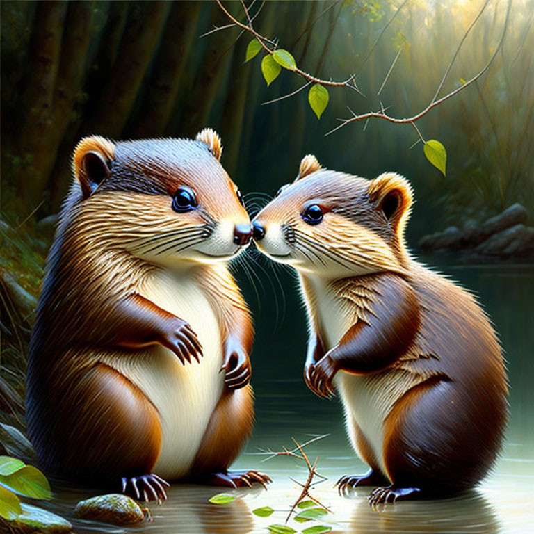 Stylized anthropomorphic otters touching noses in serene nature