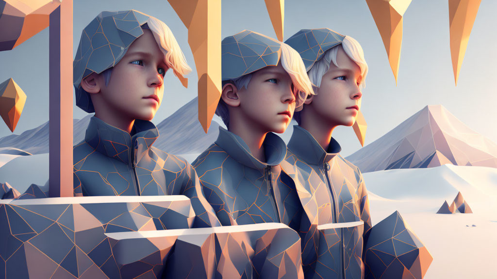 Stylized digital human figures against polygonal mountain landscape