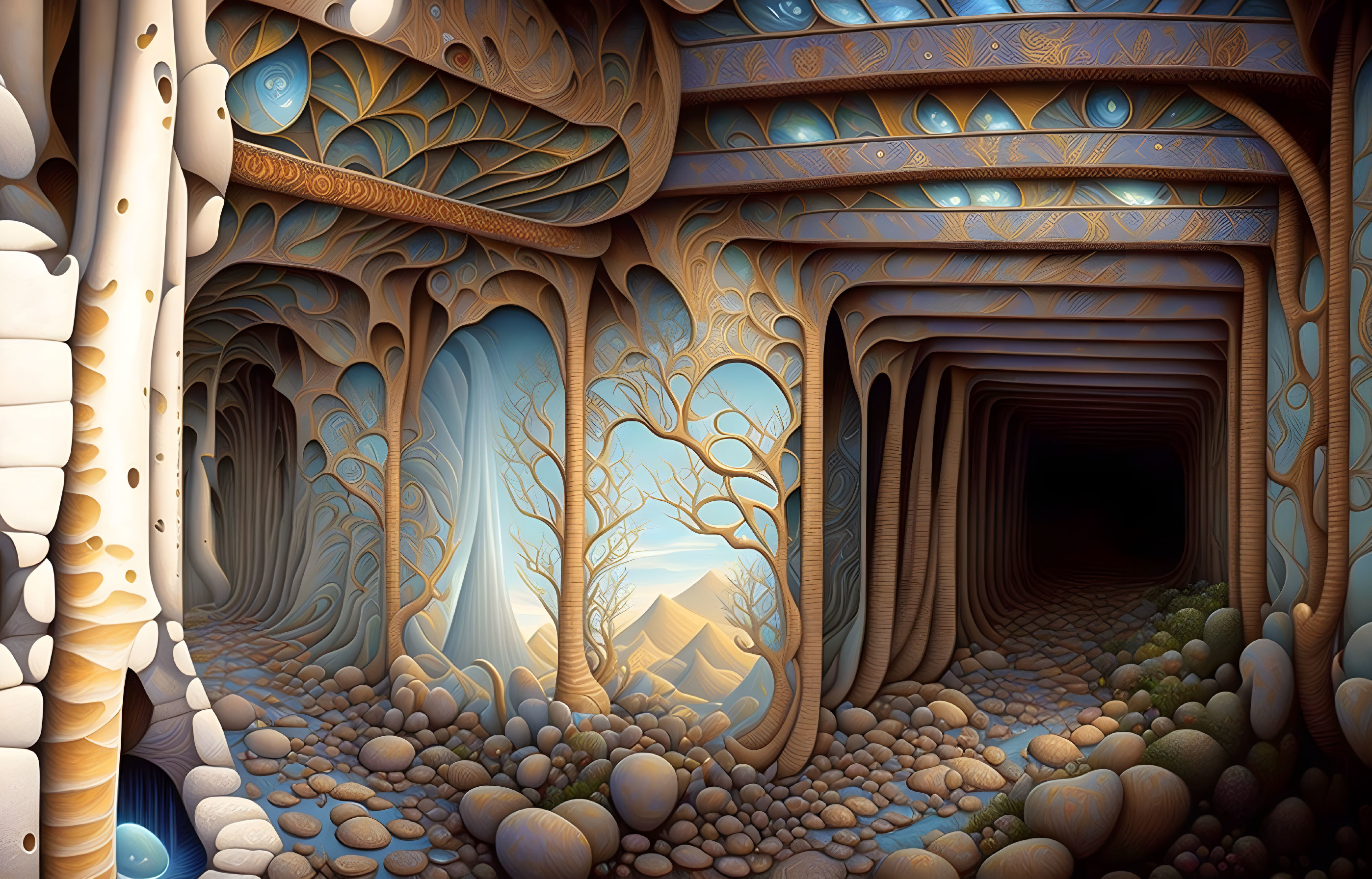 Surreal artwork featuring stylized trees, intricate patterns, stone-strewn landscape, tent,