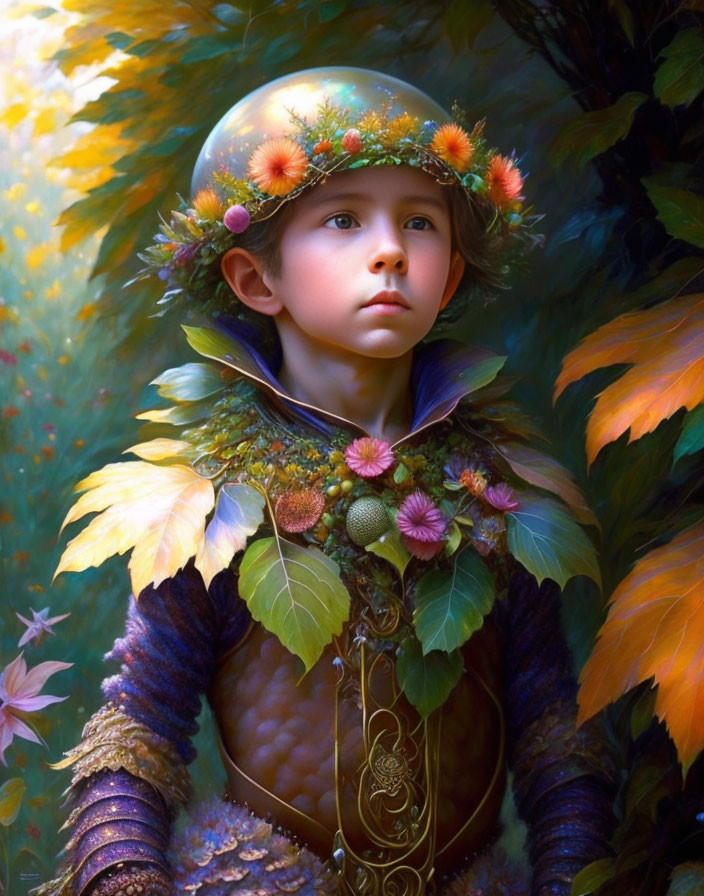 Child in floral helmet & armor amidst autumn leaves & forest.