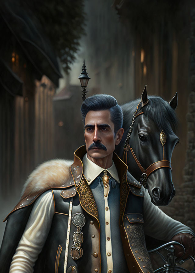 Historical military figure with mustache beside black horse in misty street setting