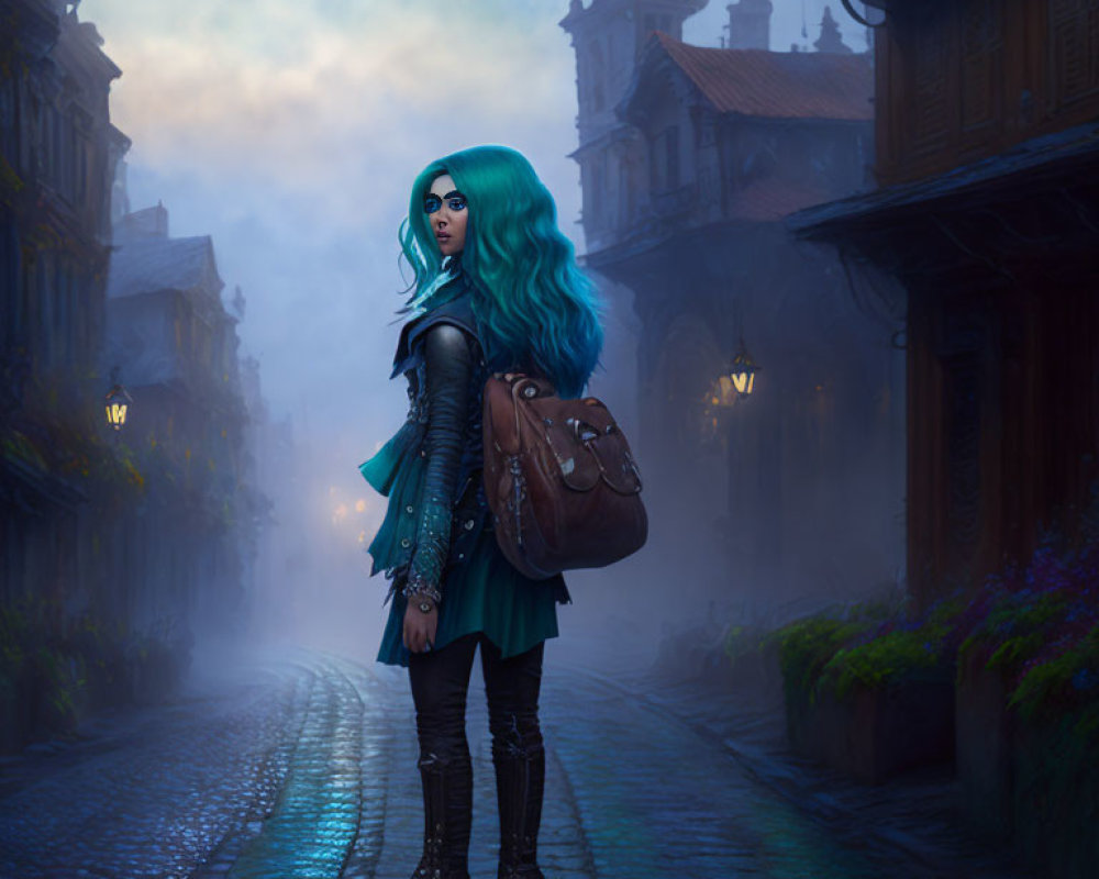 Blue-haired woman in leather outfit on foggy cobblestone street