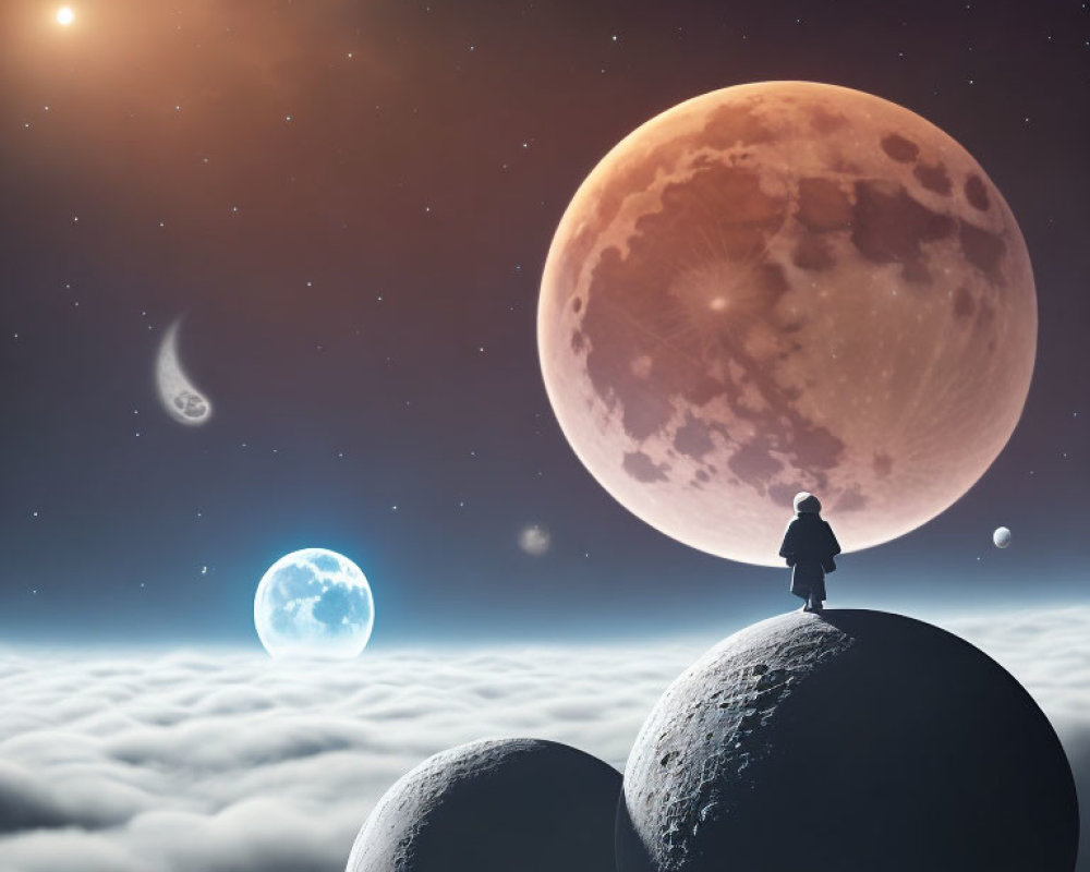 Solitary figure on celestial rock gazes at cosmic moons and planet