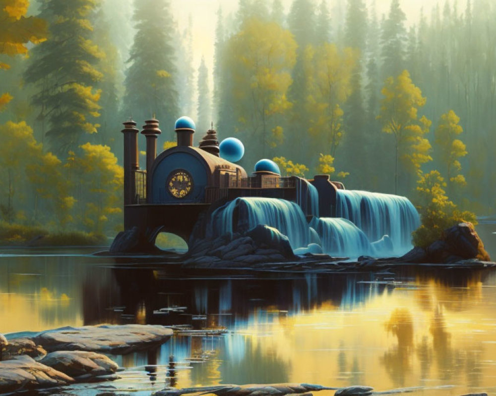 Vintage locomotive merges with waterfall in misty forest landscape