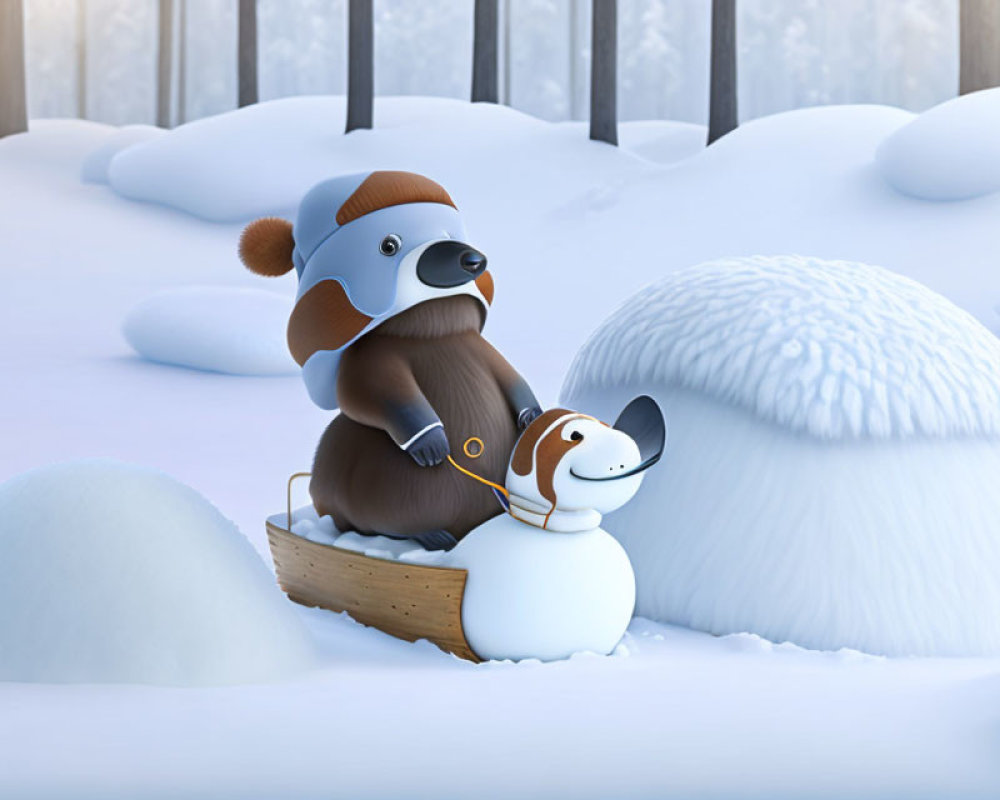 Animated image of large dog in cap and goggles on sled with smaller dog, ready for snowy adventure