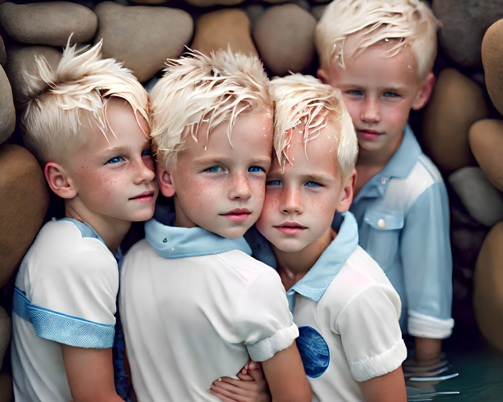 Four young blonde boys in white and blue shirts with wet hair against smooth rocks.