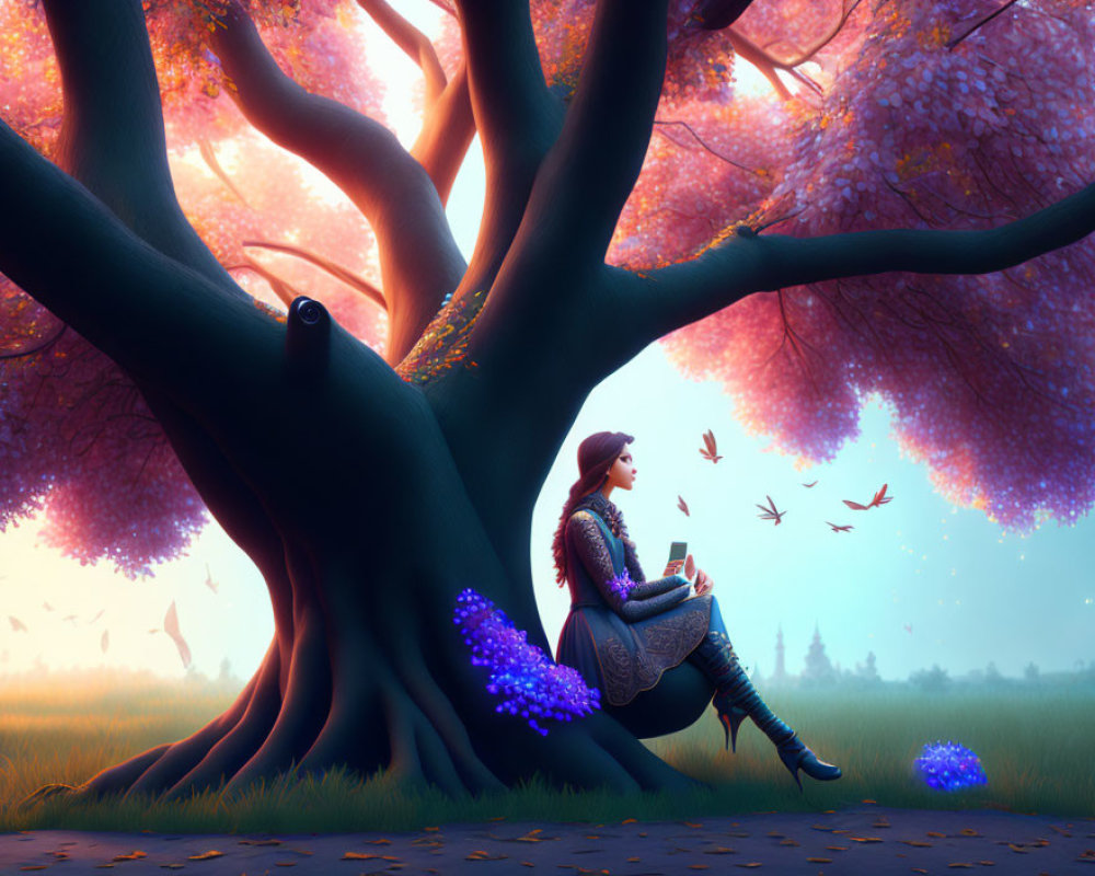 Woman reading under large tree with pink blossoms, birds in twilight sky, purple flowers in field