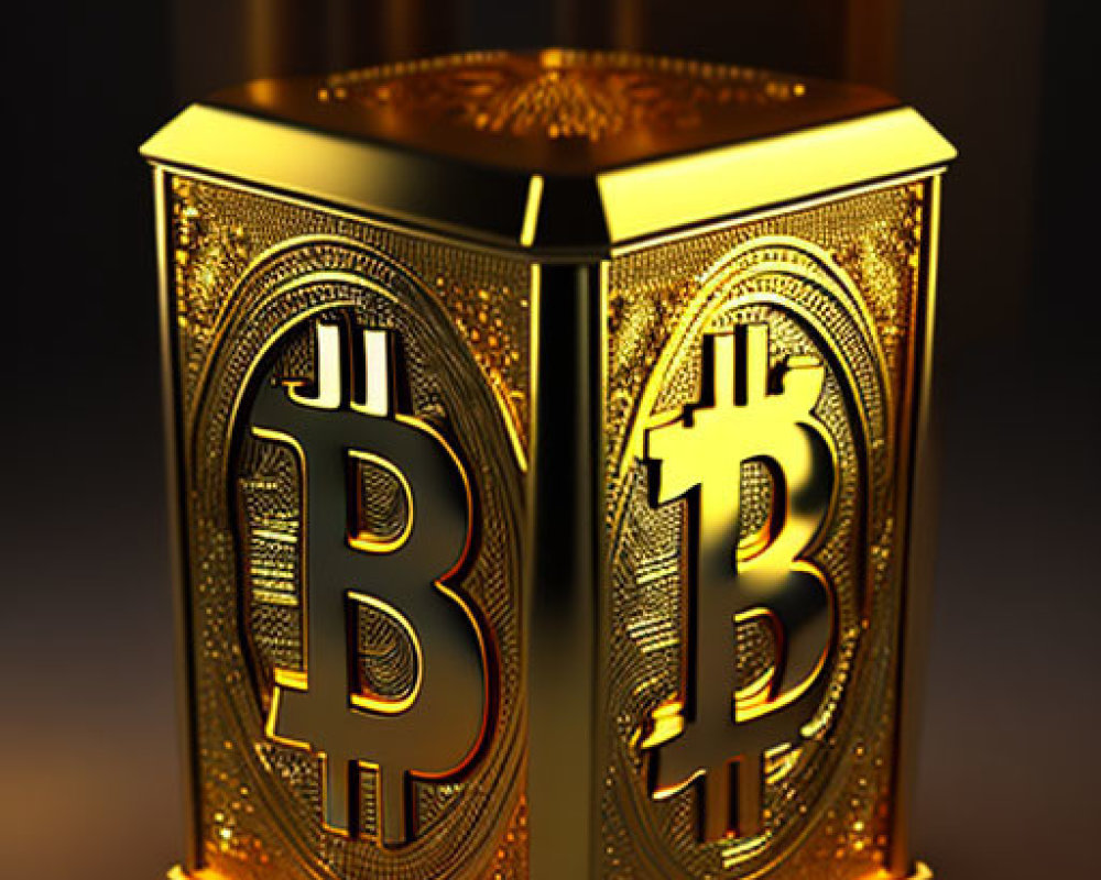 Golden lantern with Bitcoin symbols casting warm glow on dark background