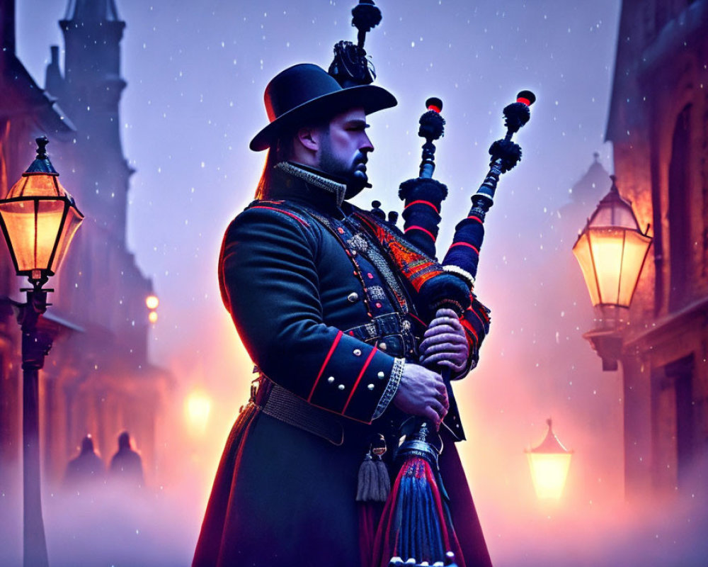 Man in traditional attire playing bagpipes on misty cobblestoned street at dusk