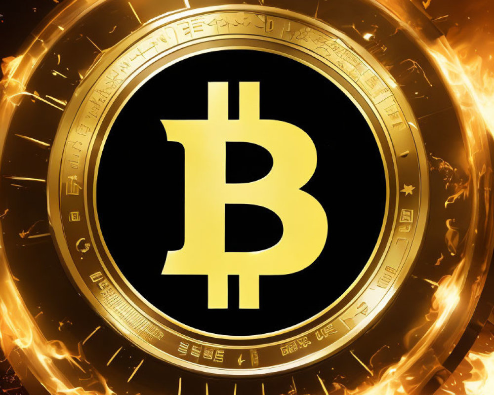 Futuristic Bitcoin symbol with fiery elements on starry backdrop