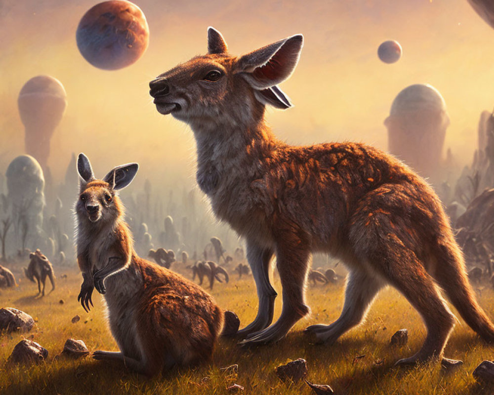 Fantastical landscape with kangaroos under large planets at sunset