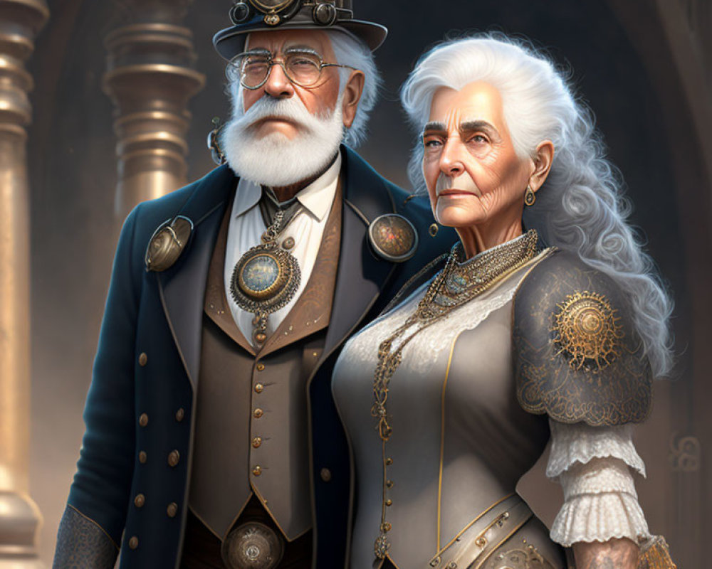 Elderly Steampunk Couple in Ornate Attire Against Architectural Backdrop