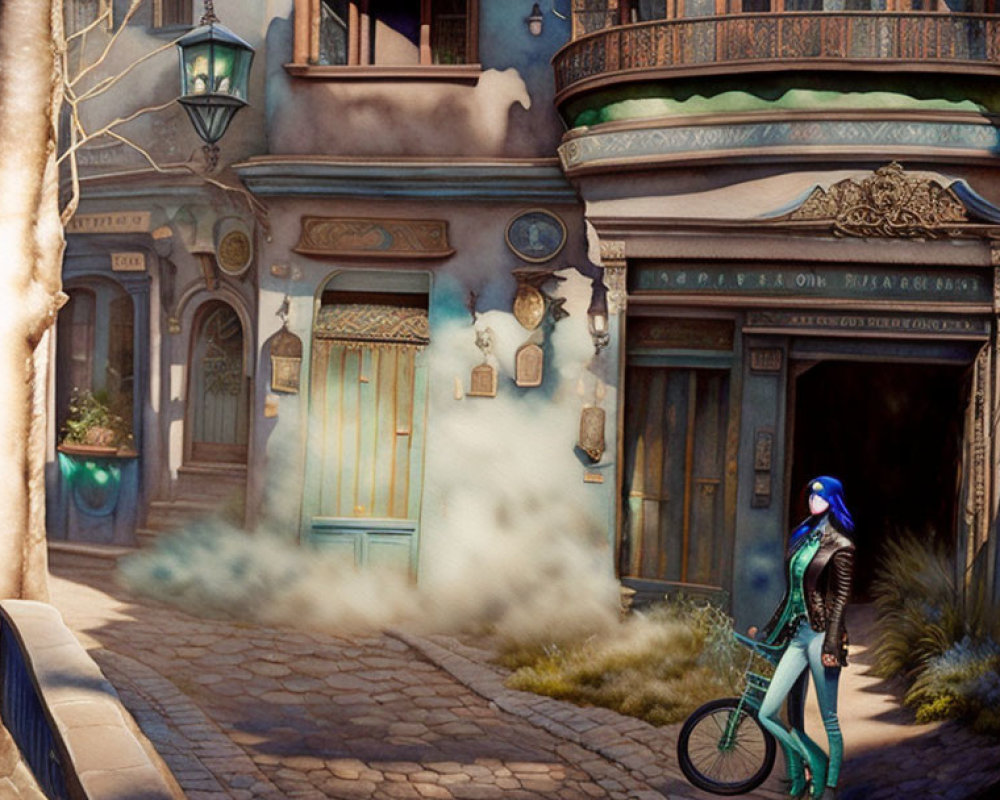 Futuristic person with bike in charming alley of old-fashioned architecture