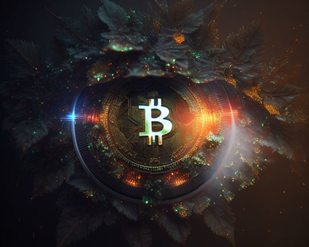 Bitcoin symbol surrounded by digital leaves on dark background