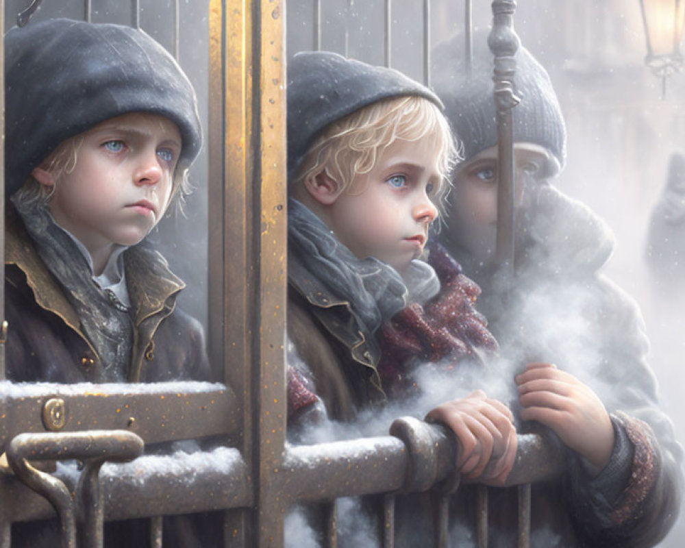 Two Children Leaning on Gate in Winter Scene