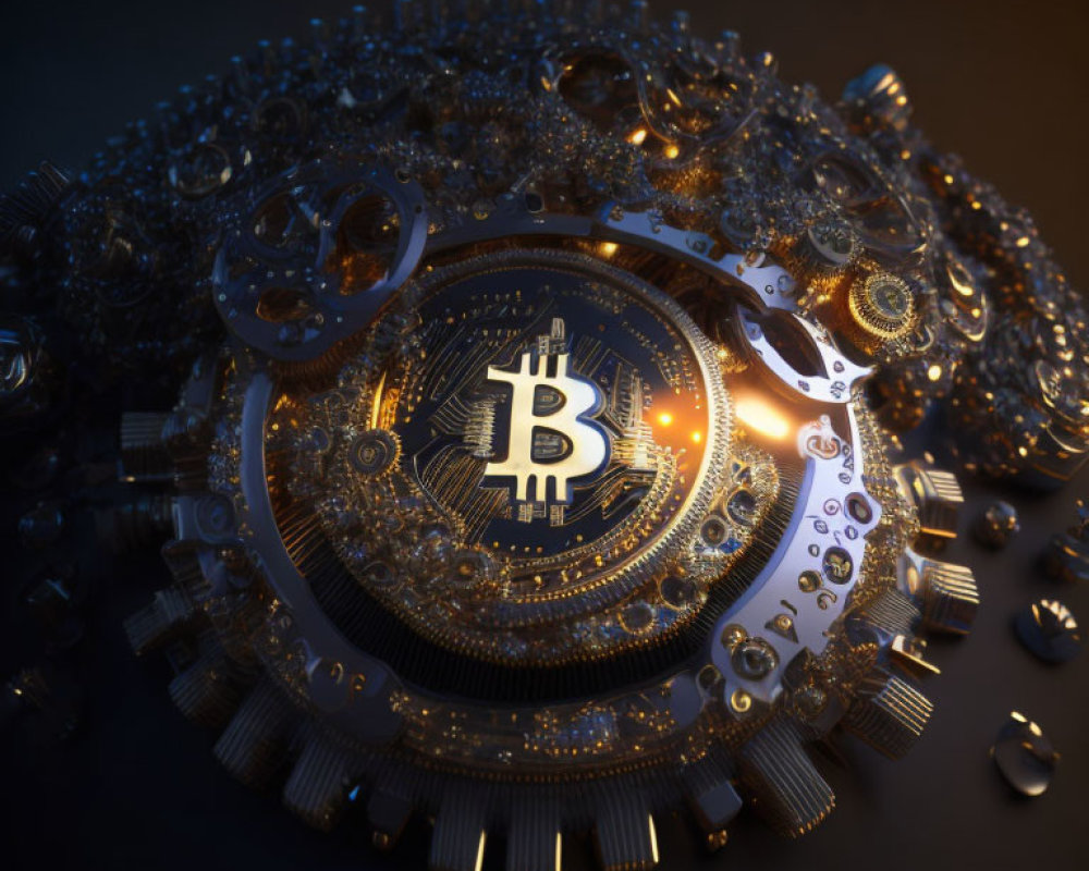 Detailed Illuminated Mechanical Watch with Bitcoin Symbol Among Gears