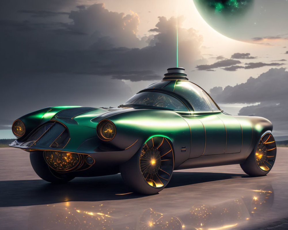 Futuristic green car with luminous wheels under dramatic dusk sky