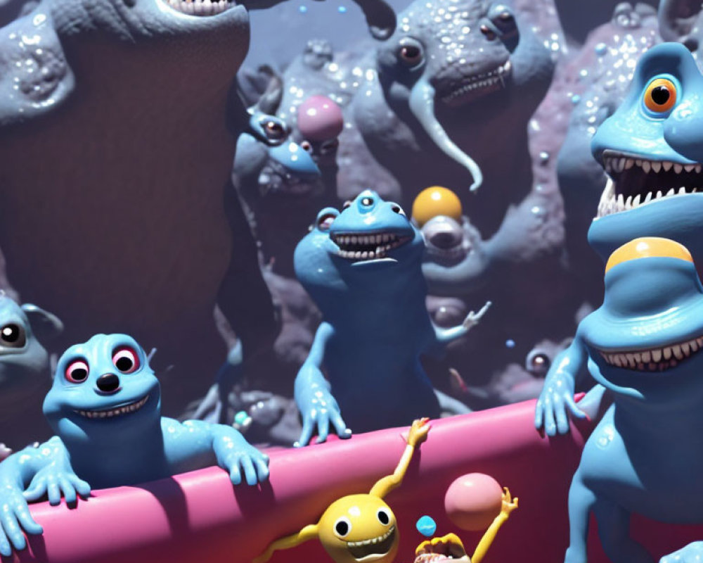 Cheerful blue creatures in vibrant animated scene